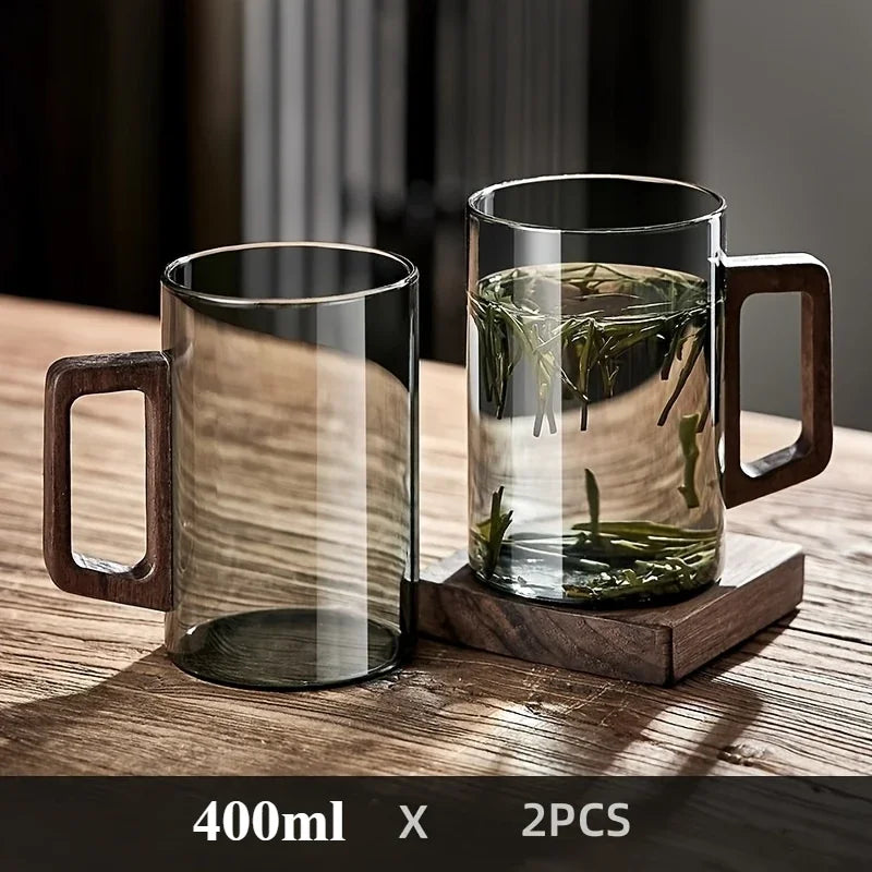 400ml Glass Cups with Walnut Handle for Tea