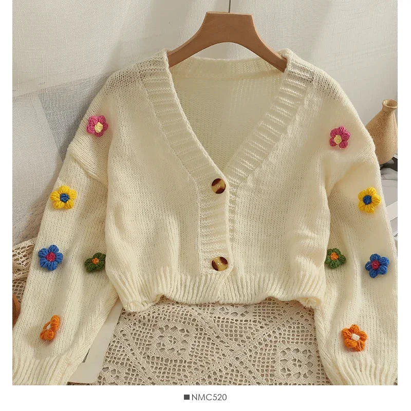Applique Flower V-Neck Knit Cardigan for Women