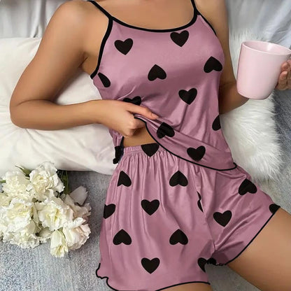 Women's Pink Heart Print Pajama Set Shorts Ice Silk