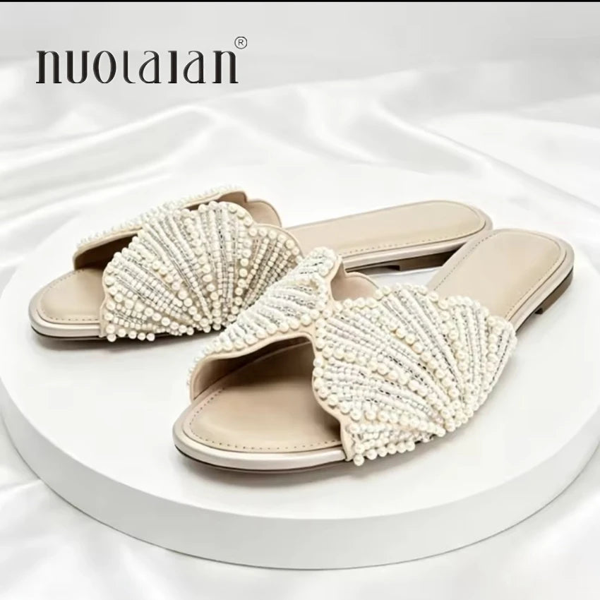 Luxury Faux Pearl Summer Flat Sandals for Women