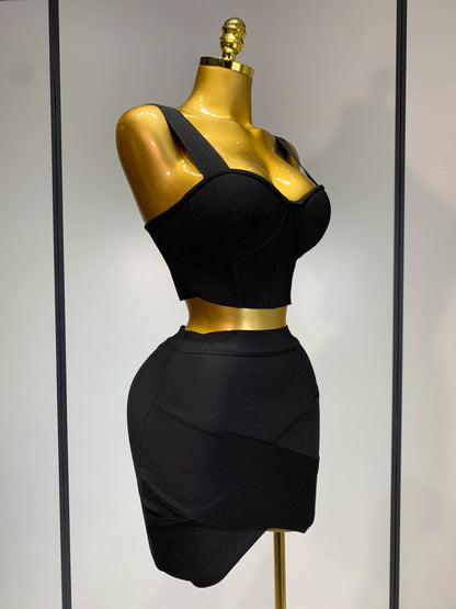 Women Bodycon Bandage Two Piece Set Black White