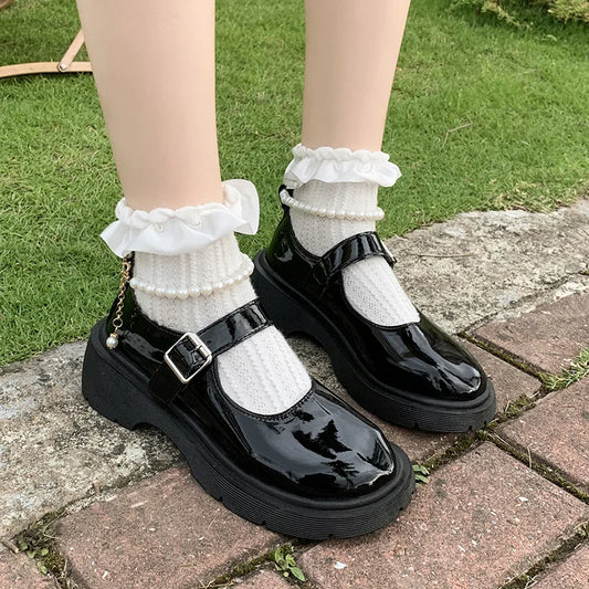 Beaded Mary Jane Leather Shoes for Women in Black