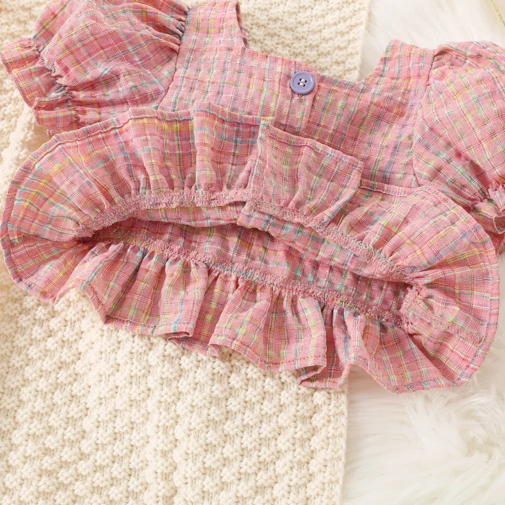Summer Baby Girl Cotton Plaid Bubble Sleeve Set