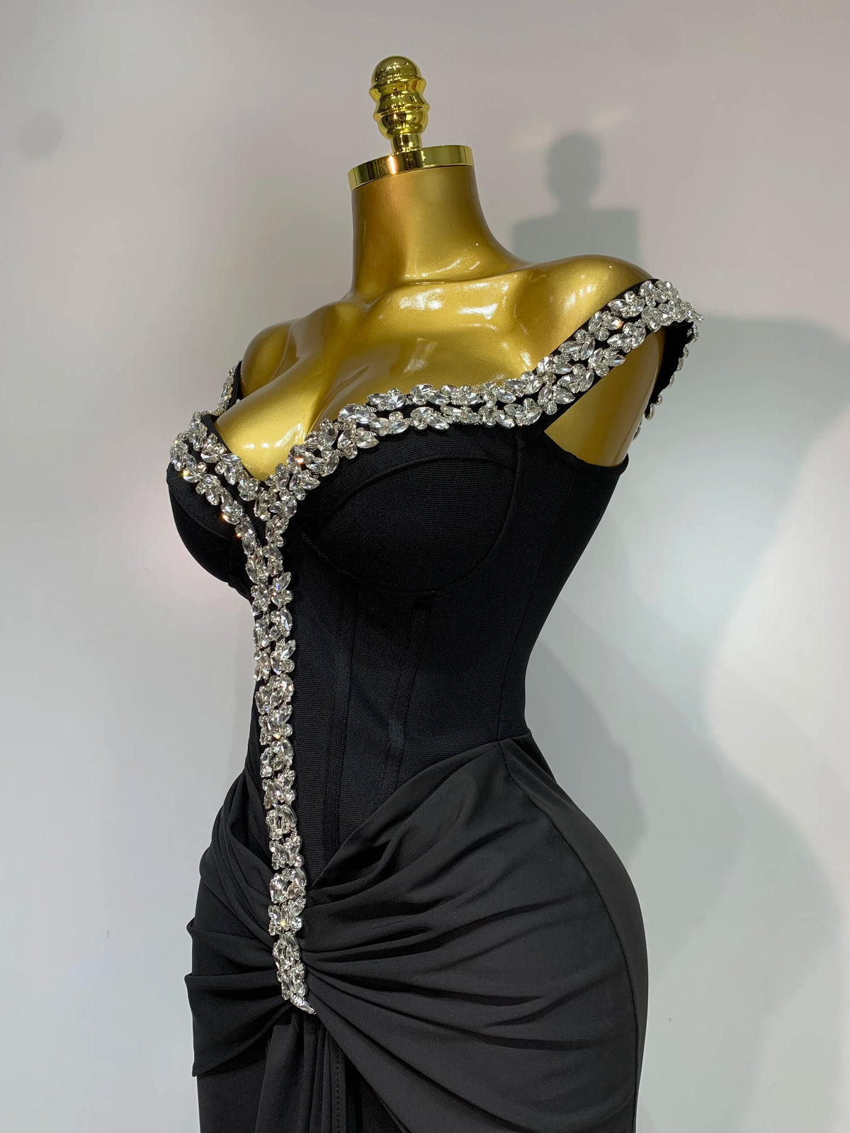 Black Off Shoulder Bodycon Dress with Diamonds