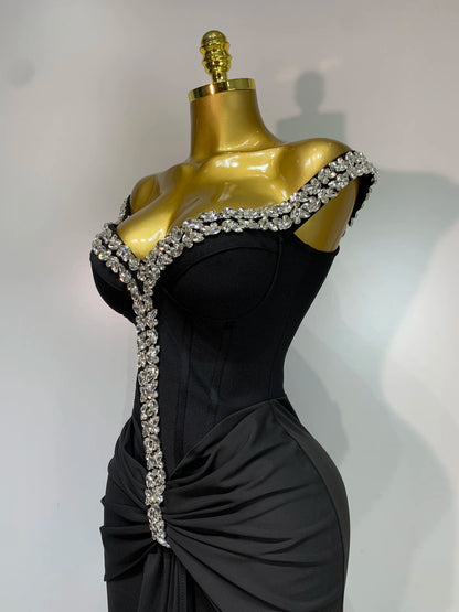 Black Off Shoulder Bodycon Dress with Diamonds