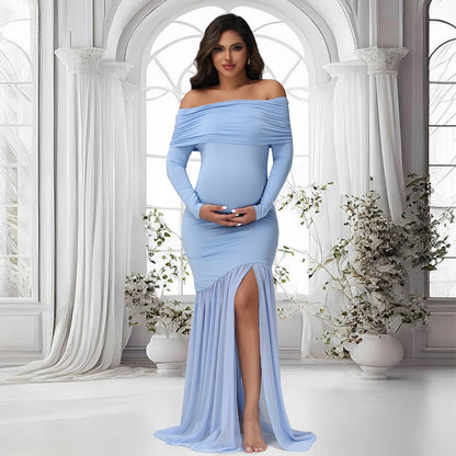 Elegant Off-Shoulder Maternity Dress with Slits