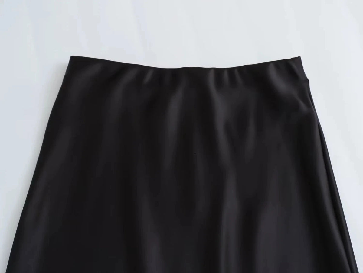 Vintage Satin Solid Long Skirt Women High Waist