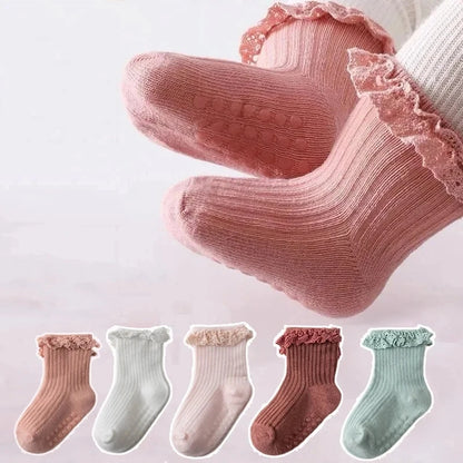 Cotton Lace Socks for Toddler Girls Non-slip Half Knee