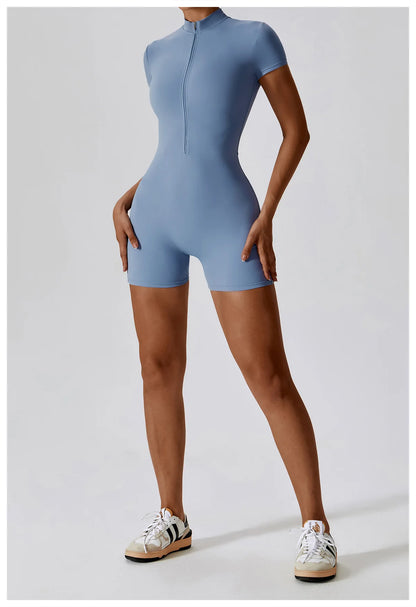 Summer Zipper Short Sleeve Yoga Bodysuit for Women