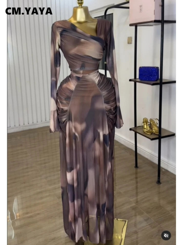 Women Tie Dye Maxi Dress with Skew Neck and Flare Sleeves