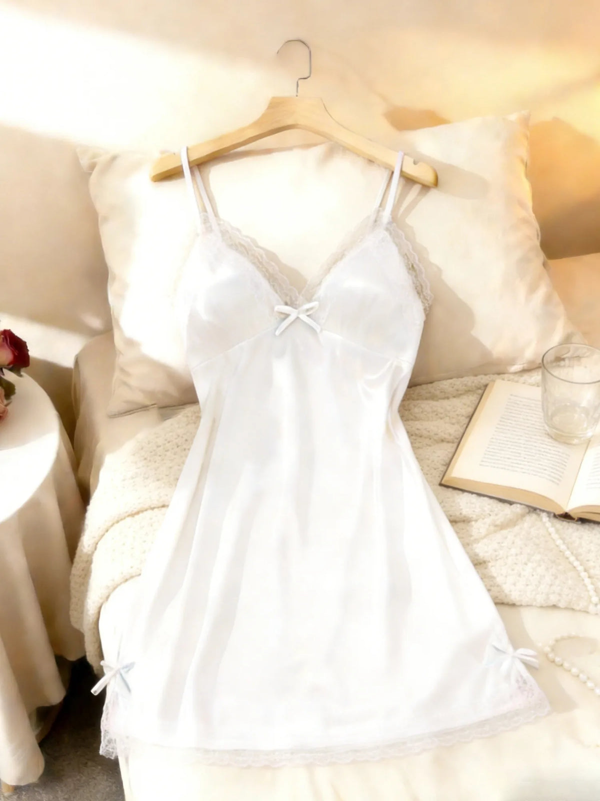 Women Lace Trim V Neck Camisole Nightgown