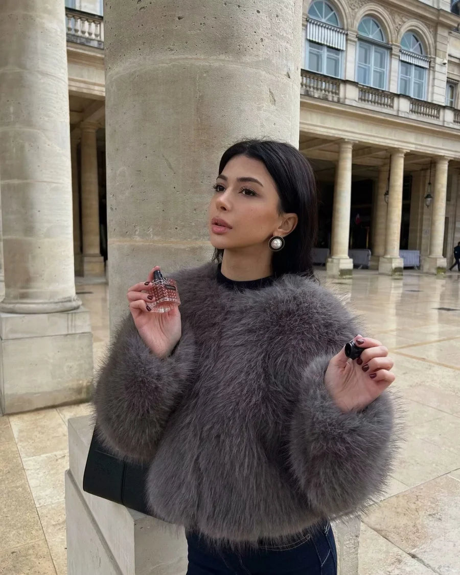Women's Faux Fur Round Neck Short Jacket