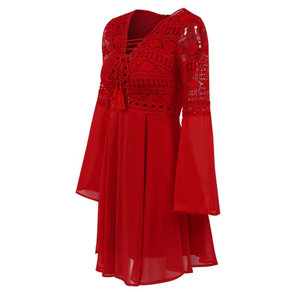 Women's Slim V Neck Chiffon Mini Dress with Ruffles