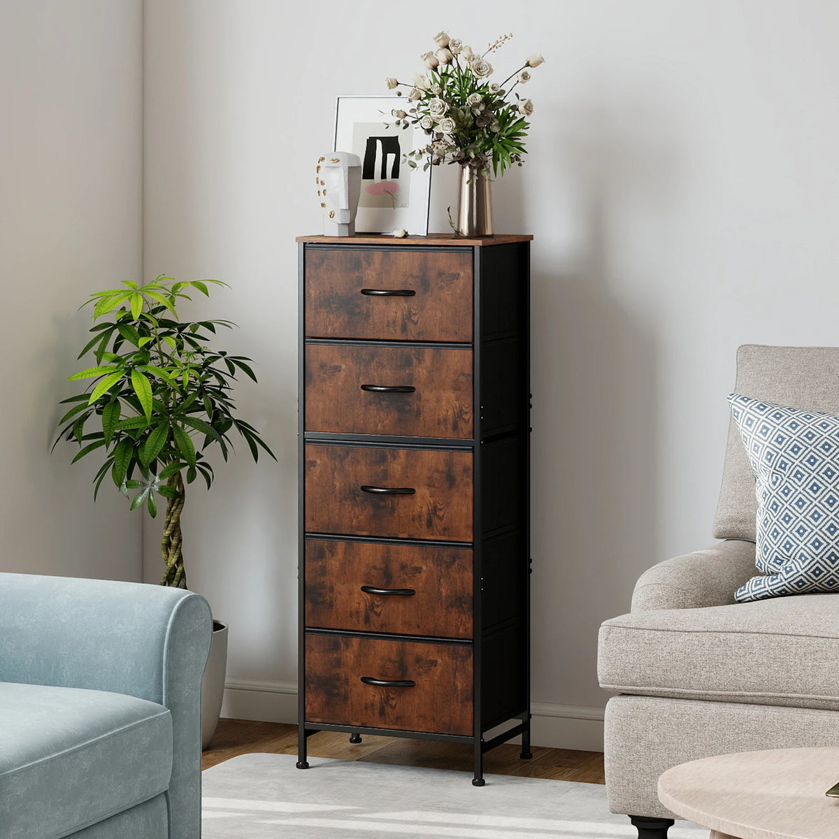 JHK 48 Inch Modern Dresser with 5 Fabric Drawers