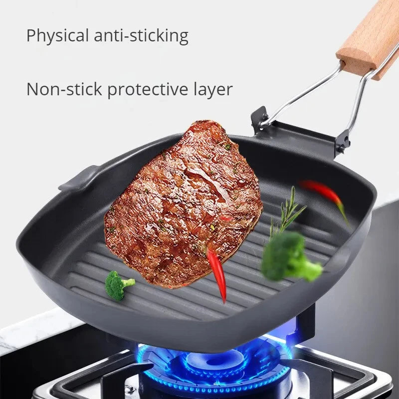 Foldable Portable Steel Grill Pan with Wooden Handle