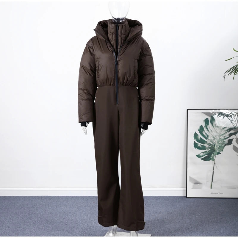 Hooded One-Piece Ski Jumpsuit for Women Windproof Outwear