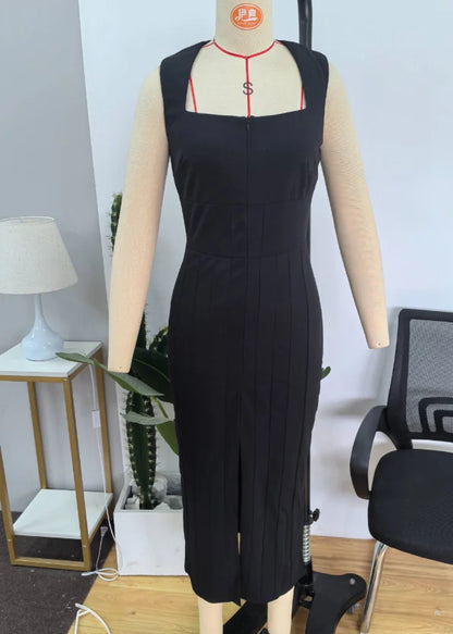 Solid Square Neck Midi Dress Women Zip Up Sleeveless
