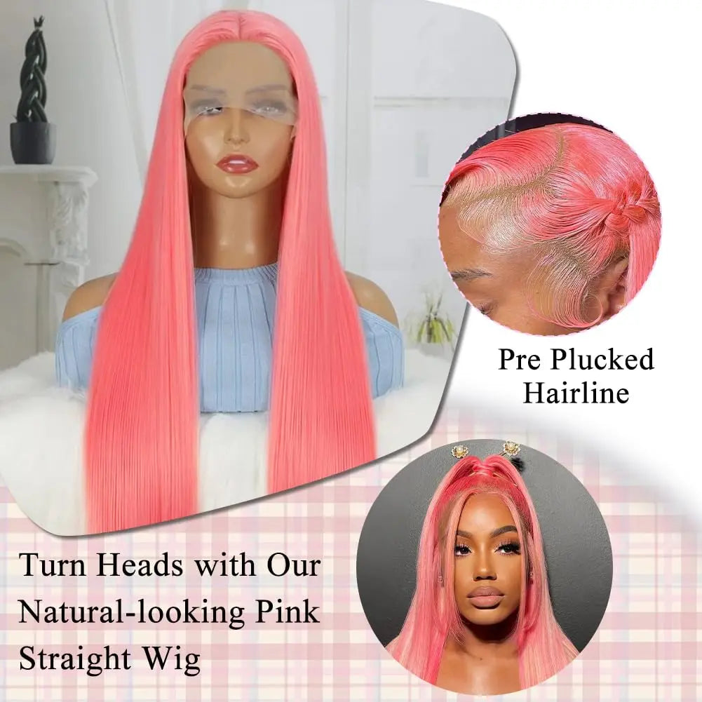 Pink 30 Inch Straight Lace Front Wig Human Hair