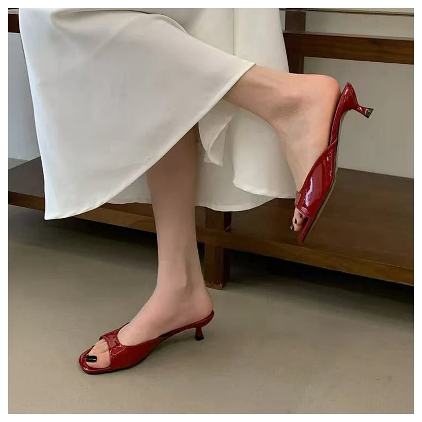 Thin High Heels Open Toe Slides Women Patent Leather Sandals