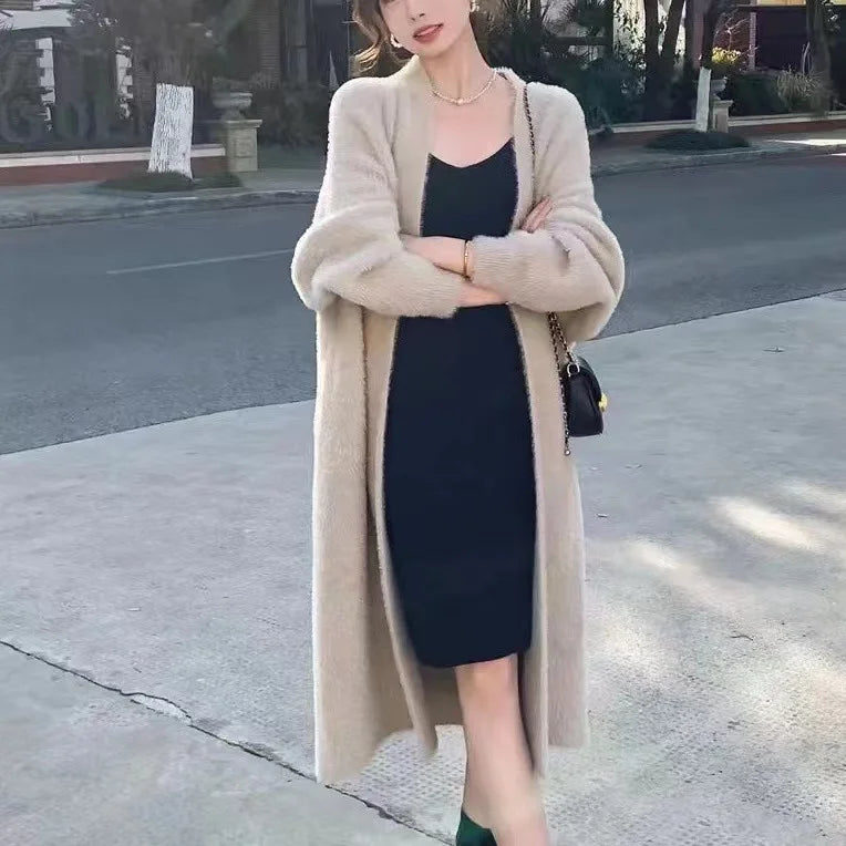 Thick Knee Length Open Knit Coat for Women