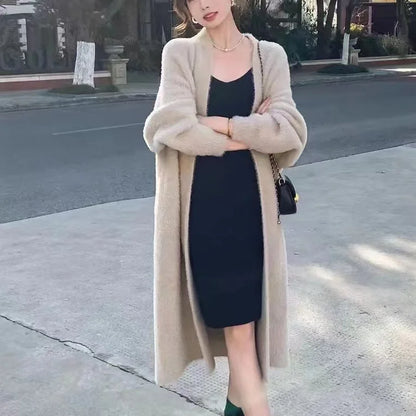 Thick Knee Length Open Knit Coat for Women