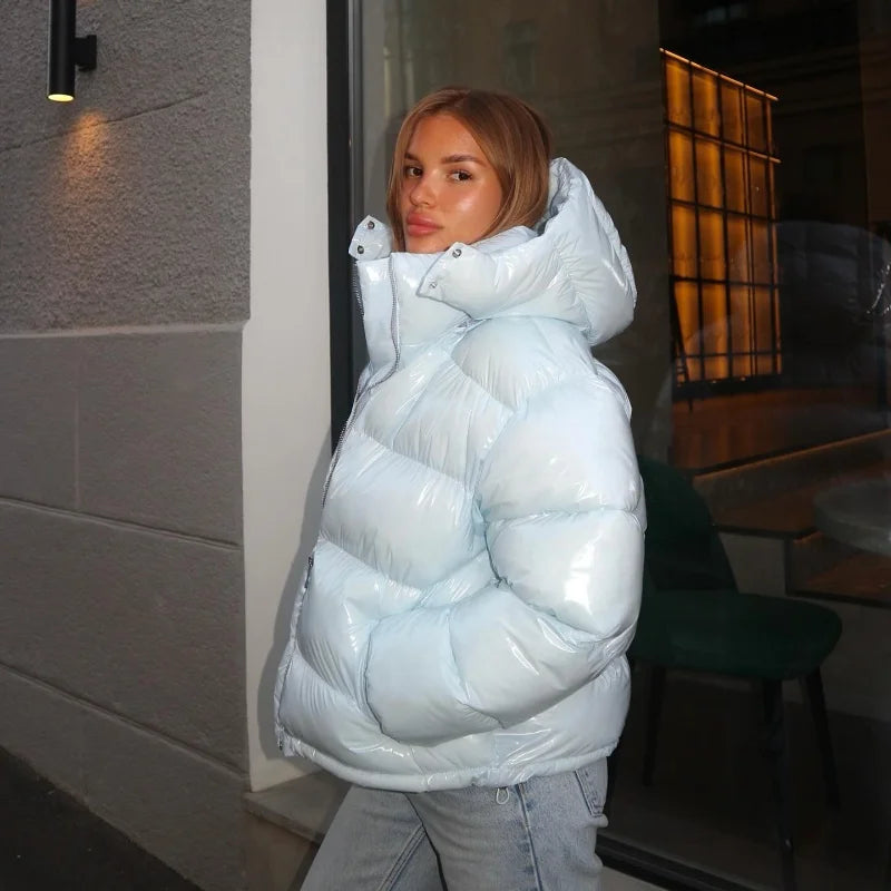 Solid Glossy Zipper Hooded Coat Women's Cotton Jacket