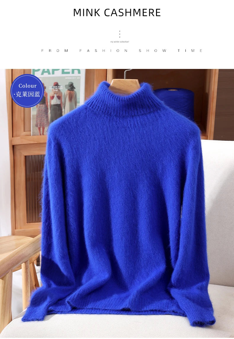 Mink Fur High Collar Pullover Sweater for Women