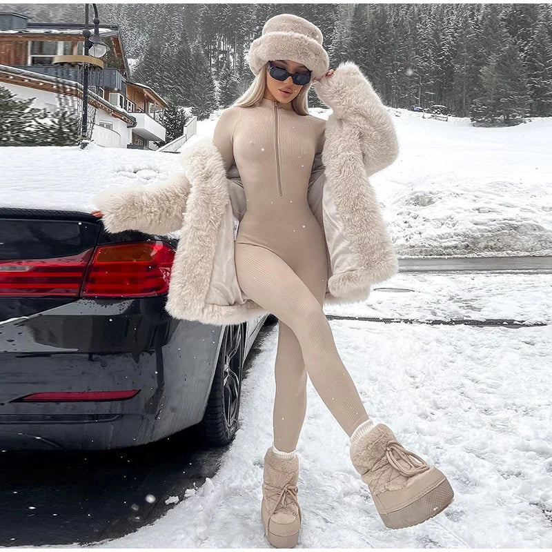 Fur-Trimmed Hooded One-Piece Ski Suit for Women