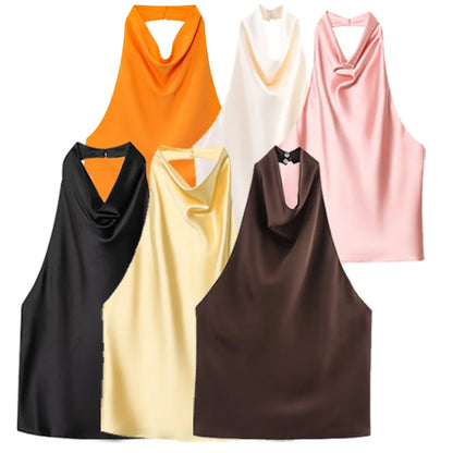 Halter Satin Backless Corset Top for Women in Yellow Pink Black