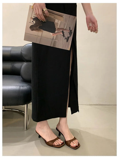 Thin High Heels Open Toe Slides Women Patent Leather Sandals