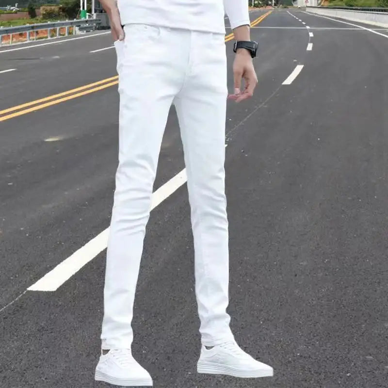 Mens Slim Fit Denim Pencil Pants Black White Stretch Jeans