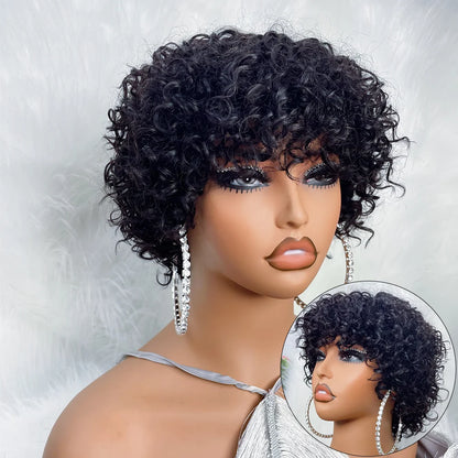 Pixie Cut Afro Curly Human Hair Wig with Bangs