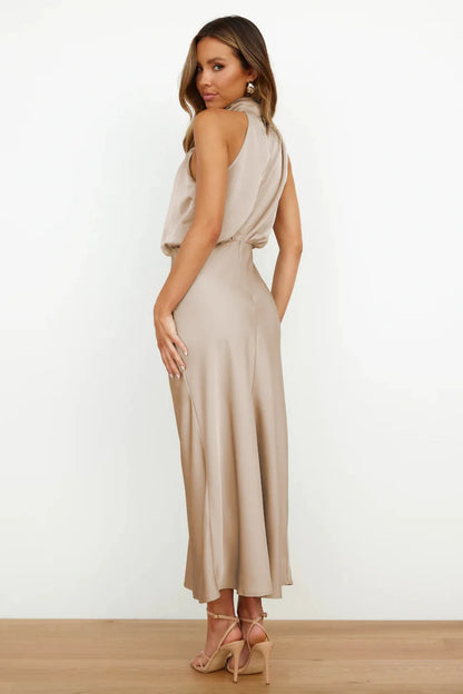 Elegant Silk Satin Sleeveless Long Dress for Women