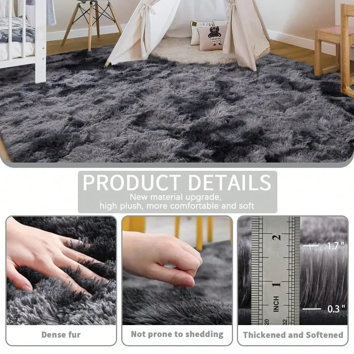 Black Plush Long-Pile Carpet, Soft Non-Slip Rug