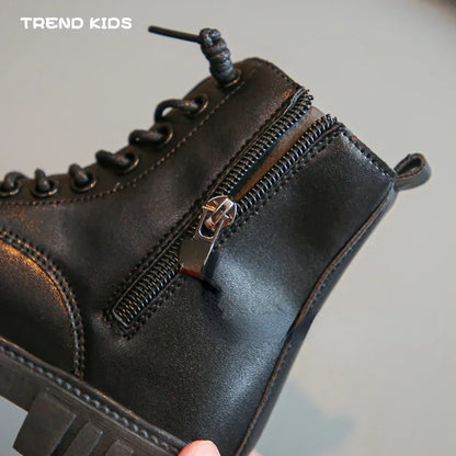 Girls Black Leather Ankle Boots with Thick Sole