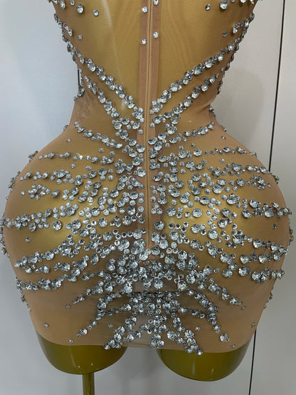 Sparkly Rhinestones Mesh See Through Dress for Women