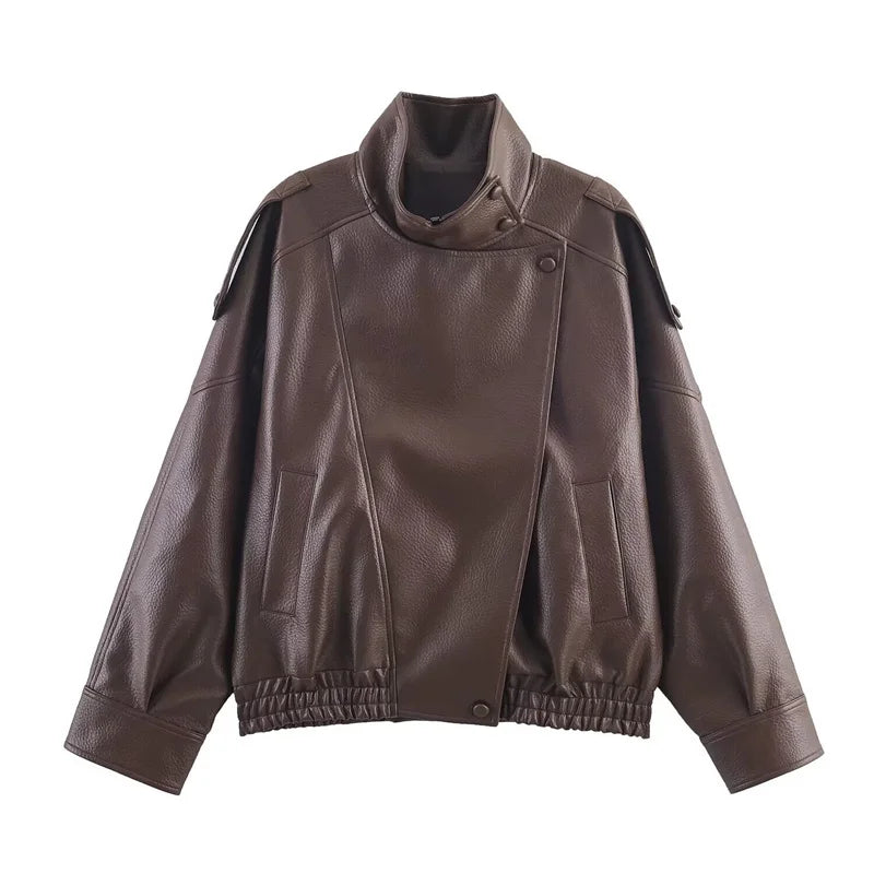 Black Long Sleeve Faux Leather Motorcycle Jacket
