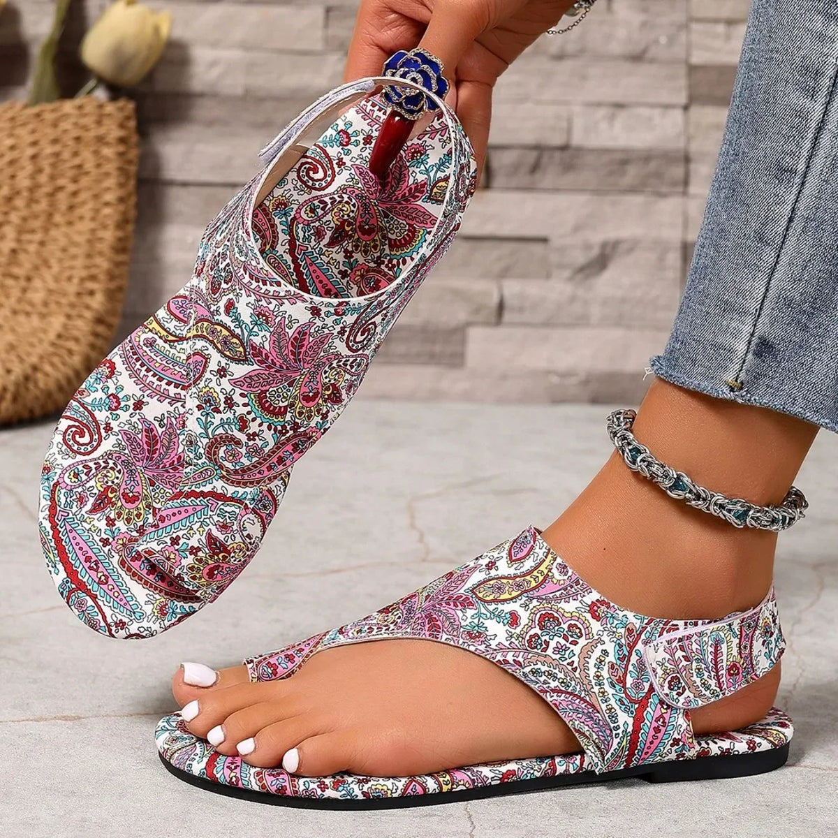 Women Flat Sandals Printed Bohemia Roman Style Shoes
