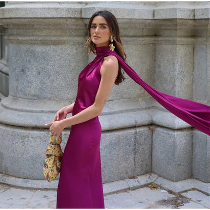 Elegant Halter Dress Women Solid Backless Maxi Dress
