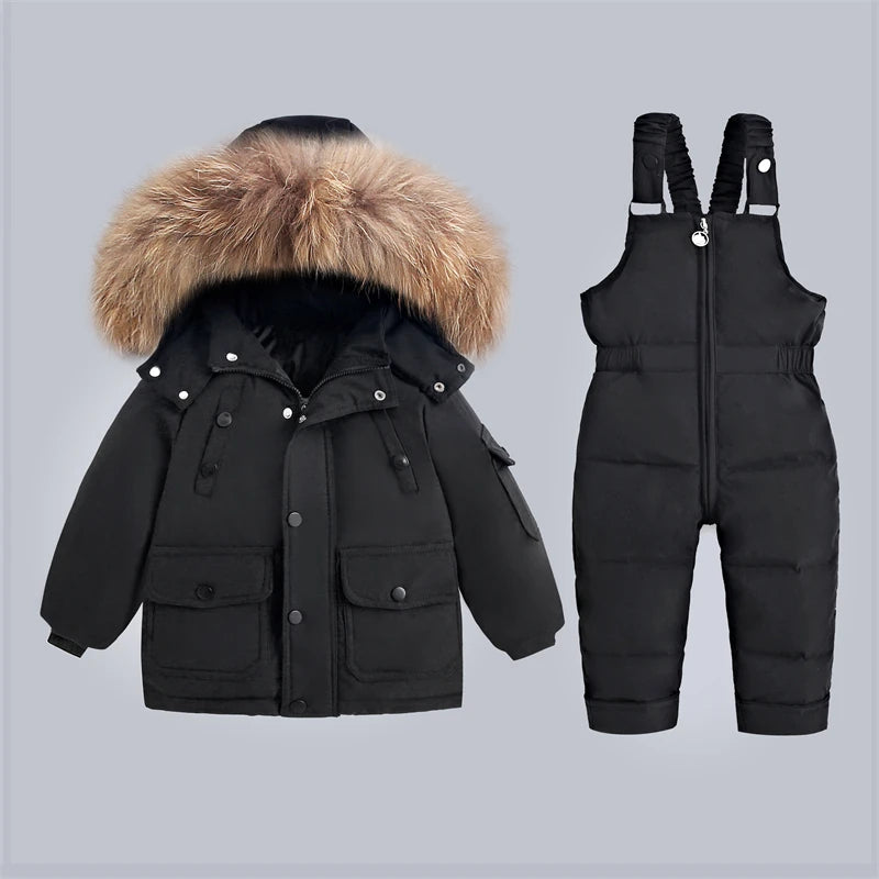 Children's Winter Down Jacket and Jumpsuit Set with Fur Collar