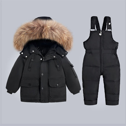 Children's Winter Down Jacket and Jumpsuit Set with Fur Collar