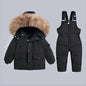 Children's Winter Down Jacket and Jumpsuit Set with Fur Collar