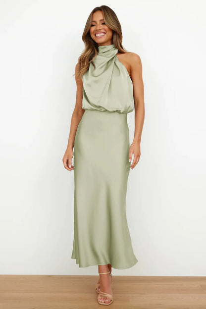 Elegant Silk Satin Sleeveless Long Dress for Women