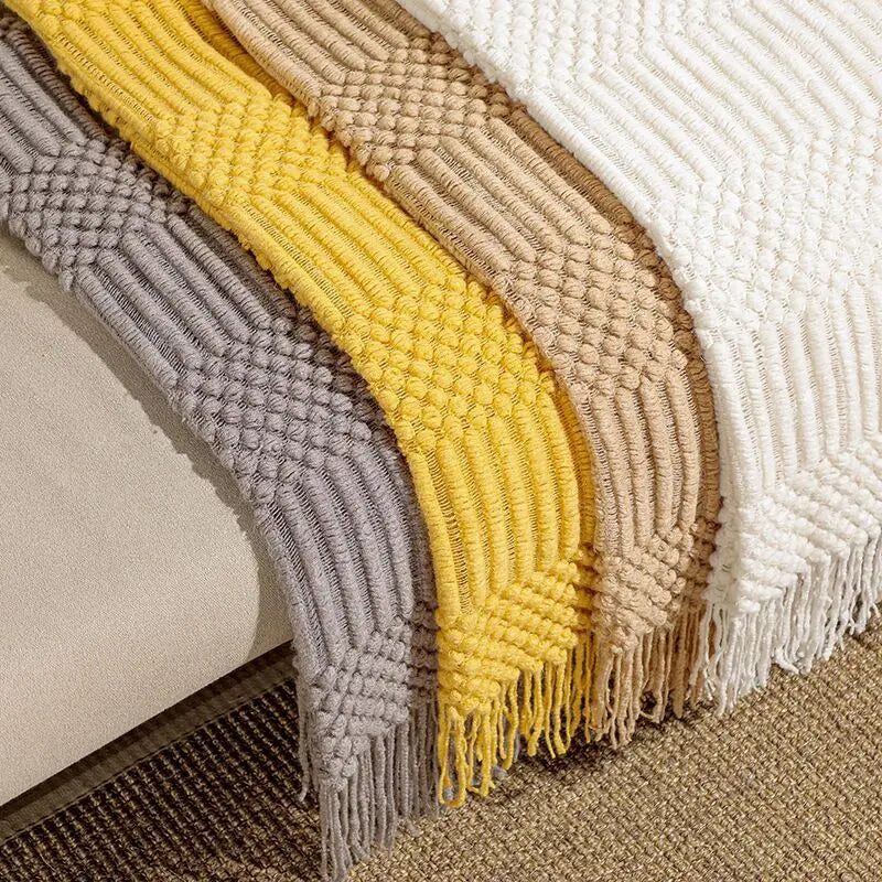 Khaki Knitted Acrylic Blanket with Tassels