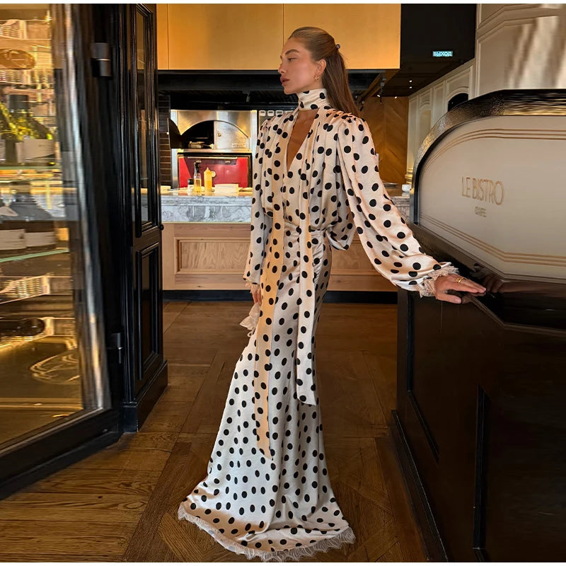 Elegant Satin Polka Dot Maxi Dress for Women