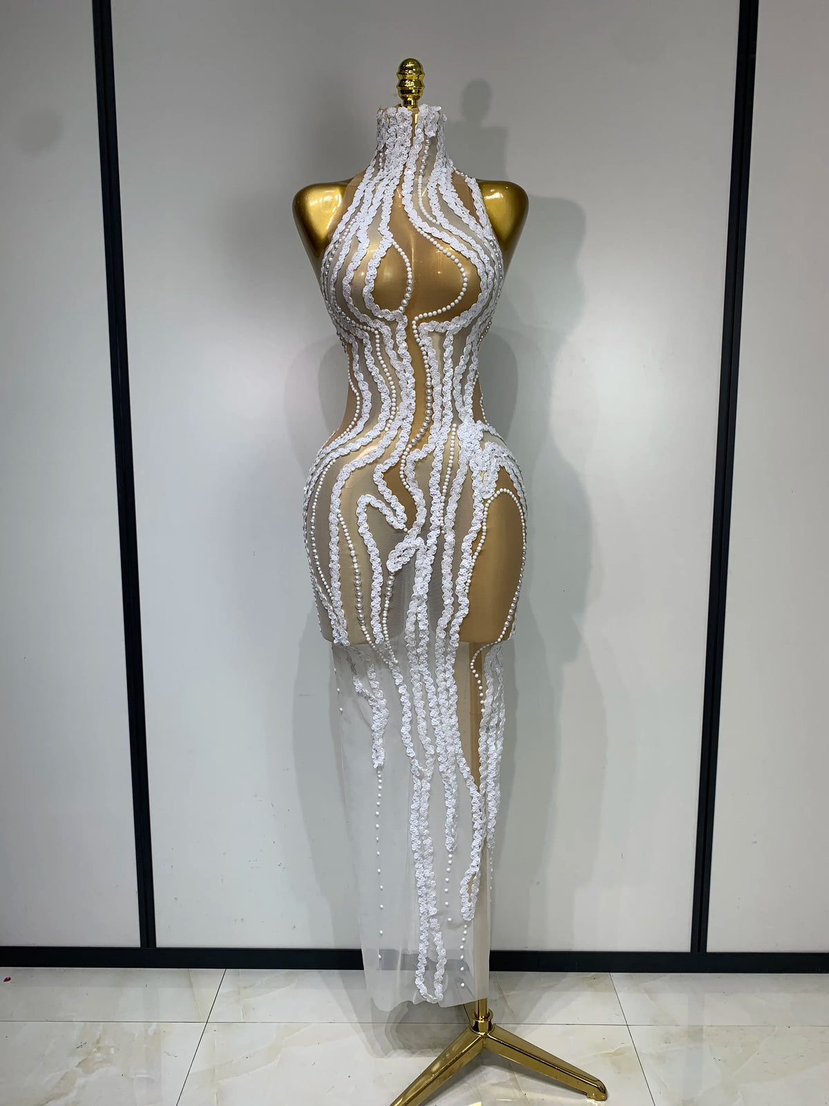 Elegant Women Long Dress with Pearl Sequins