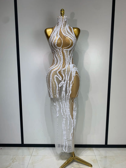 Elegant Women Long Dress with Pearl Sequins