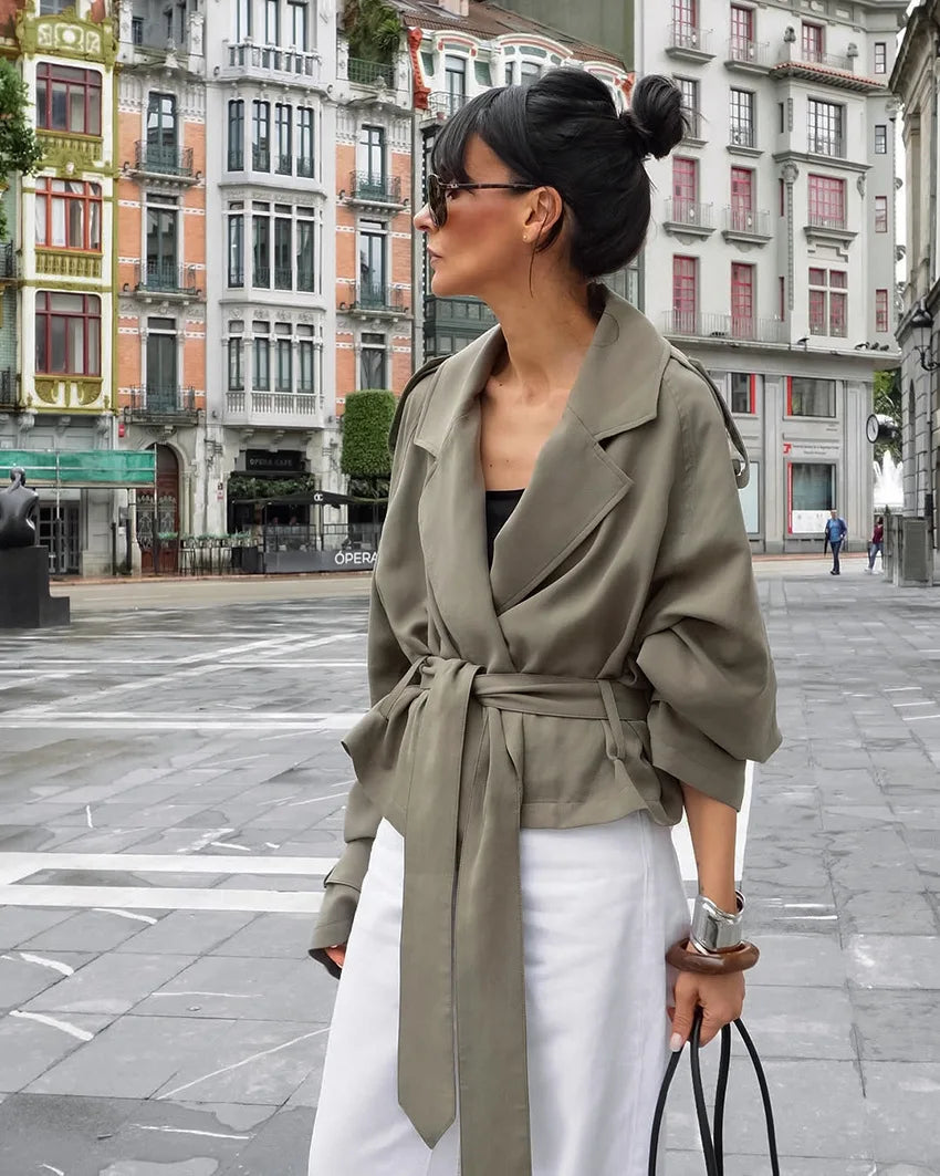 Lapel Lace Up Trench Coat Women Casual Long Sleeve