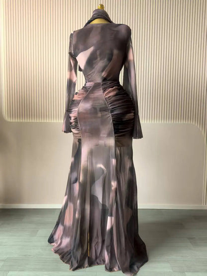 Women Tie Dye Maxi Dress with Skew Neck and Flare Sleeves