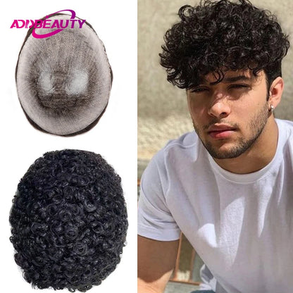 Curly Human Hair Toupee for Men Full PU Natural Color